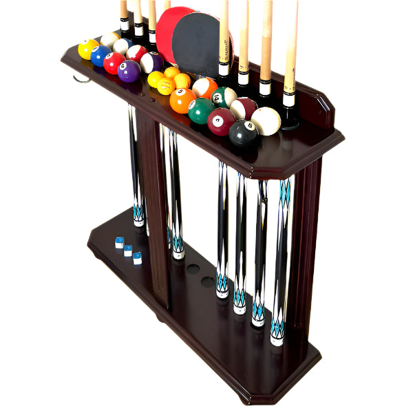 Natural Wood Pool Cue Rack – Billiard Cue Holder Stand for 10 Cues & Full Ball Set (Rack Only)