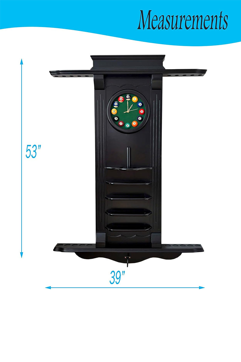 Wall-Mounted Hardwood Pool Cue Rack with Clock β Holds 10 Cues & Accessories (Rack Only)
