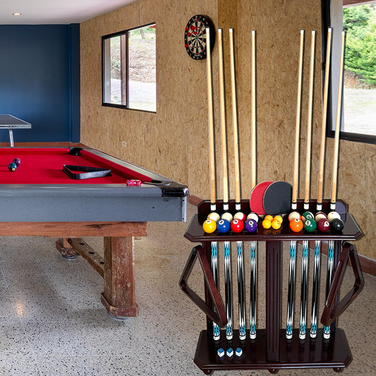 Natural Wood Pool Cue Rack – Billiard Cue Holder Stand for 10 Cues & Full Ball Set (Rack Only)