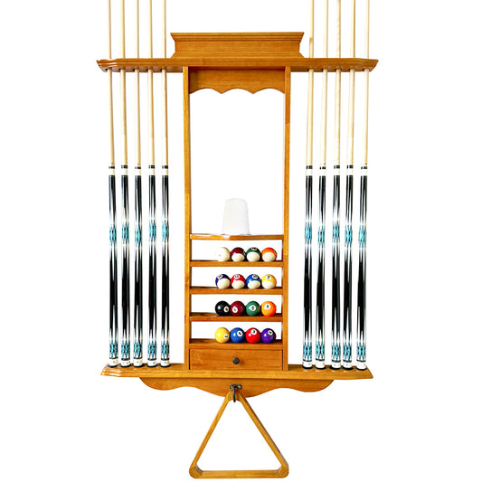 Premium Wall-Mounted Billiard Cue Rack – Solid Natural Wood | Holds 10 Cues + Full Accessory Set -Oak Finish