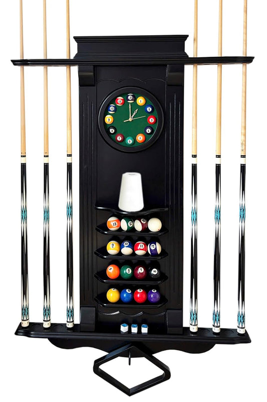 Wall-Mounted Hardwood Pool Cue Rack with Clock – Holds 10 Cues & Accessories (Rack Only)