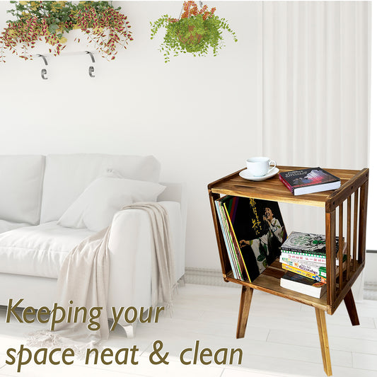 Record Player Stand with Vinyl Storage – Turntable Table with Mid-Century Modern Style