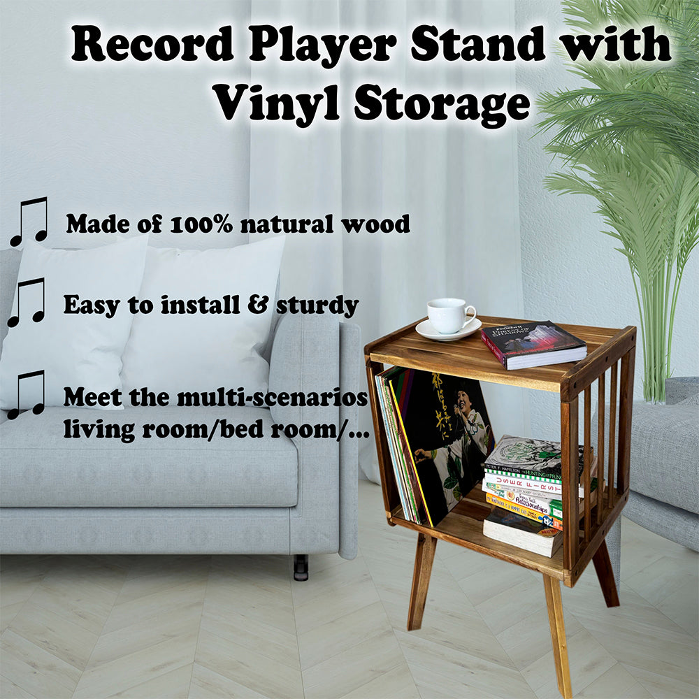 Record Player Stand with Vinyl Storage – Turntable Table with Mid-Century Modern Style